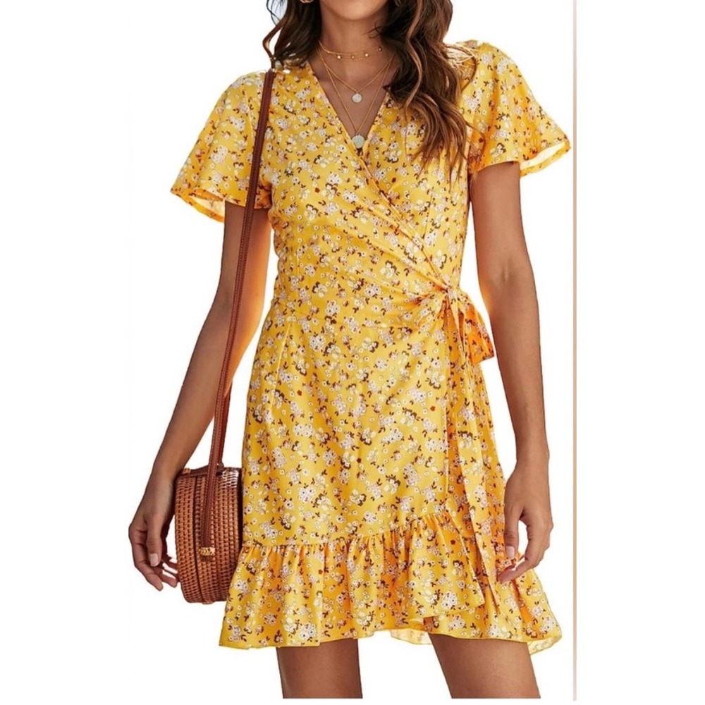 Naggoo Yellow Floral Wrap Boho Ruffle Hem Flutter Sleeves Dress‎ Women's Medium